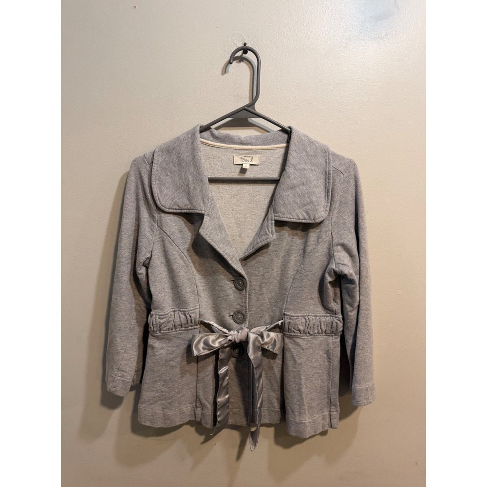 Fossil Womens Gray Knit Peplum Blazer Jacket Satin Ribbon Tie Small